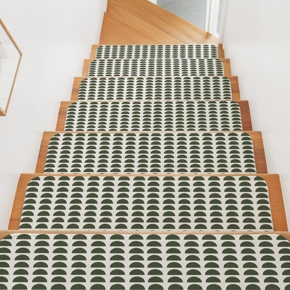 Forest Green Semicircles Stair Treads Non Slip for Steps Boho Layered Modern Moss Arcs 4 Pcs Reusable Adhesive Stair Runner Mats for Dogs Elders Carpet Treads Rugs for Staircase 8x30 In