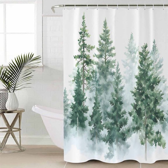 Forest Green Shower Curtain Set, Waterproof Shower Curtains for Bathroom, Spring Summer Watercolor Pine Tree Washable Fabric Cloth Bath Curtain for Bathtub Decoration with Hooks 54x78 Inches