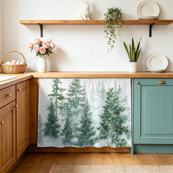 Forest Green Small Sink Skirt 10"Wx11"L, Dustproof Under Sink Curtain with Self Adhesive Tape, Spring Summer Watercolor Pine Tree Cabinet Curtain Cover for Bathroom Vanity, Kitchen Storage Shelf, RV