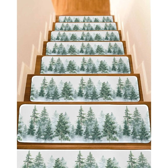 Forest Green Stair Treads for Wooden Steps Indoor Runner Rug Carpet, Spring Summer Watercolor Pine Tree 15 Pieces Peel and Stick Staircase Step Treads Covers Washable Throw Door Mats, 30"x8"