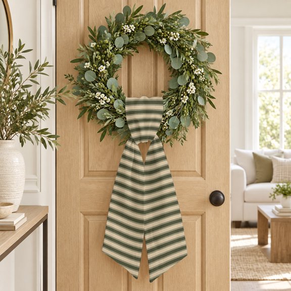 Forest Green Striped Wreath Sash, Country Vintage Farmhouse Horizontal Lines Decorative Ribbon Wreath Sash for Front Door, Porch Indoor Holiday Decor