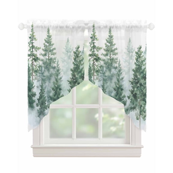 Forest Green Swag Valances for Windows, Spring Summer Watercolor Pine Tree Rod Pocket Sheer Valances for Small Windows, Swag Toppers Light Filtering for Kitchen Living Room 2 Panels 28''x36''