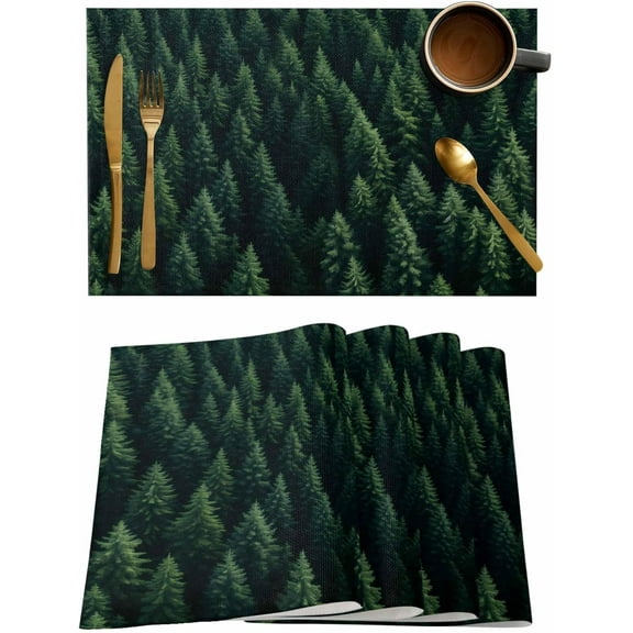 Forest Green Tree Placemats Set of 4,Washable Woven Burlap Cloth Fabric Placemat for Square/Rectangle/Round/Oval Dining Table,Easy Clean Place Mats for Kids Spring Summer Wilderness Nature Landscape