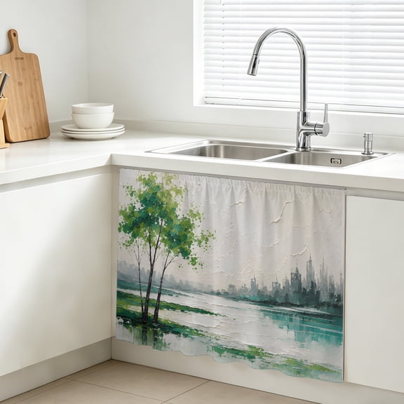 Forest Green Trees Cabinet Curtains for Kitchen 10"W x 11"L, Rustic Mountains Lake Reflection Landscape Under Sink Skirt Magic Tape Short Curtain Decorative Privacy Panel for Bathroom Laundry