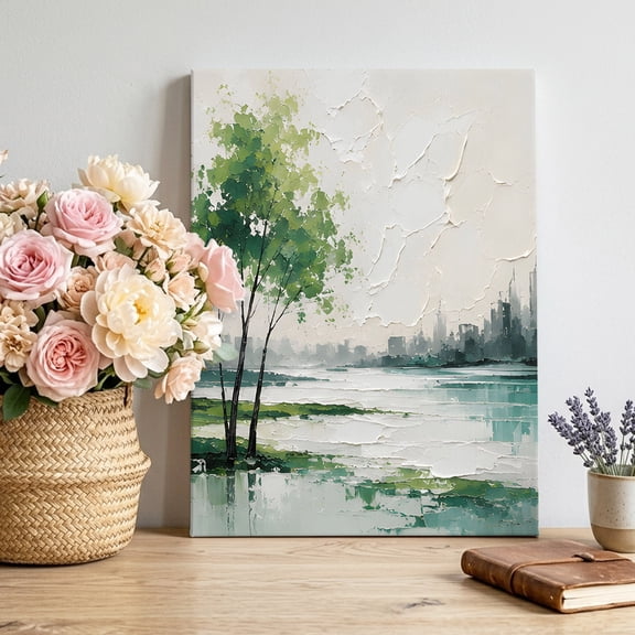 Forest Green Trees Canvas Wall Art, Rustic Mountains Lake Reflection Landscape Framed Canvas Wall Decor Picture Print Artwork Decorations for Living Room Office Ready to Hang 30" x 20"