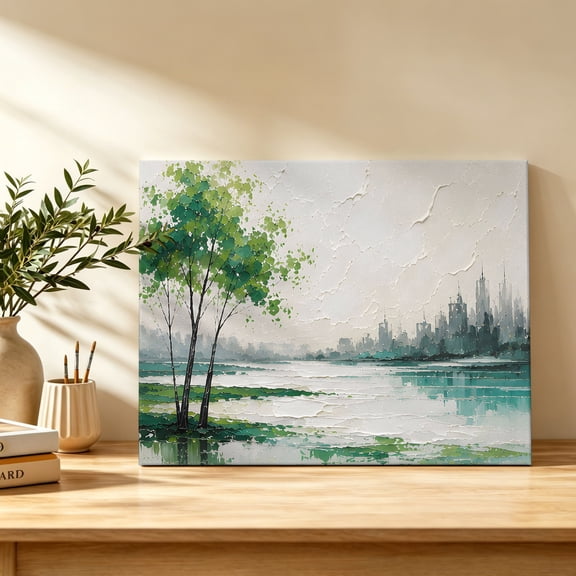 Forest Green Trees Canvas Wall Art, Rustic Mountains Lake Reflection Landscape Wall Art Prints Artwork Framed Canvas Ready to Hang Art Pictures for Bathroom Bedroom Entry Desk Corner 10" x 8"