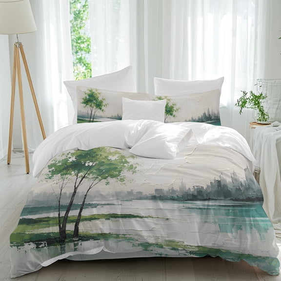 Forest Green Trees Comforter Set Full Size, Rustic Mountains Lake Reflection Landscape Soft Bedding Set for Man Woman, 4 Pieces Duvet Cover Set with Fitted Sheet, 2 Pillowcases