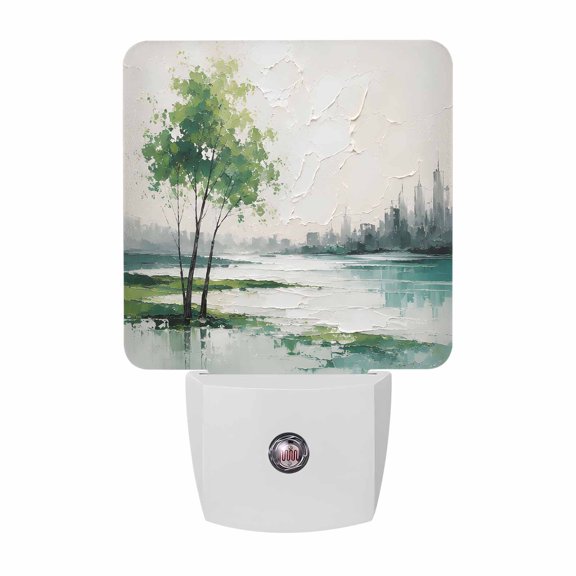 Forest Green Trees Night Lights, Rustic Mountains Lake Reflection Landscape Smart Auto Dusk to Dawn Sensor Nightlights Plug-in Nightlight for Bedroom Bathroom Living Room Kitchen Hallway