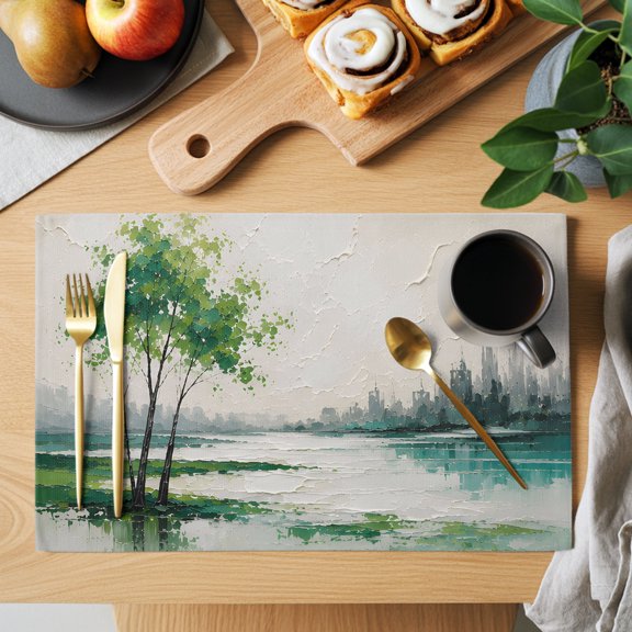 Forest Green Trees Placemats Set of 4 Rustic Mountains Lake Reflection Landscape Heat Insulation Washable Place Mats, Non-Slip Table Mats for Dining Table Party Kitchen Decor, 13x19 Inch