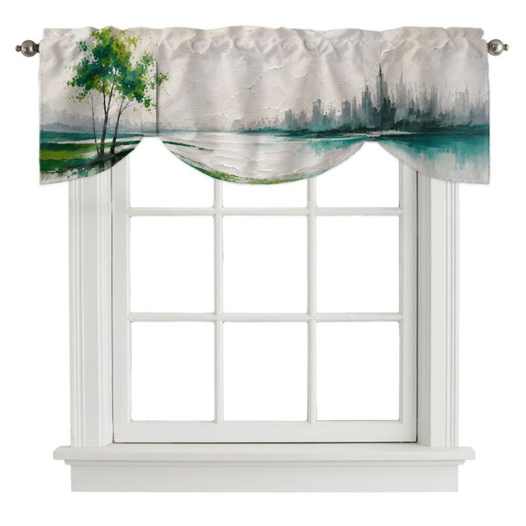 Forest Green Trees Tie Up Valances Curtain, Rustic Mountains Lake Reflection Landscape Adjustable Valance for Window Light Filtering for Kitchen and Bathroom Rod Pocket 1 Panel 60x18in