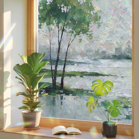Forest Green Trees Window Privacy Film, Rustic Mountains Lake Reflection Landscape Static Cling Stained Glass Window Sticker Decorative Removable Rainbow Film for Glass 17.7”x39.3”