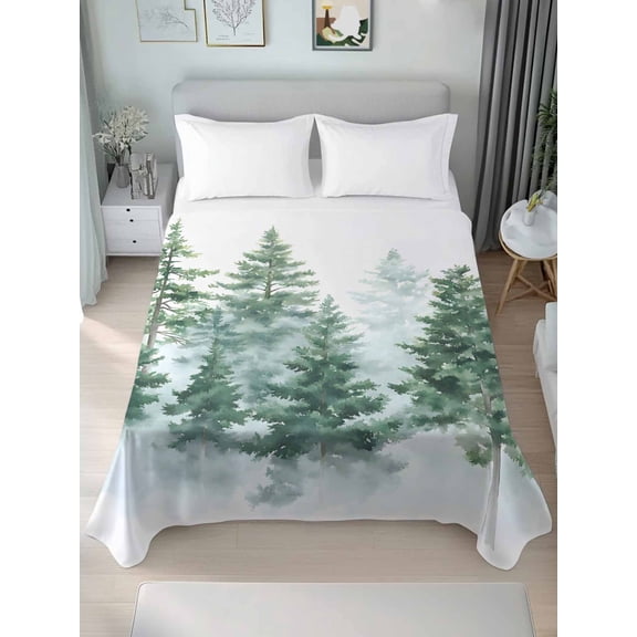 Forest Green Twim XL Size Flat Sheet, Wrinkleproof & Fadeproof Cooling Flat Bed Sheet Only, Spring Summer Watercolor Pine Tree Breathable Soft Bedding Top Sheets 66 x 102 Inches