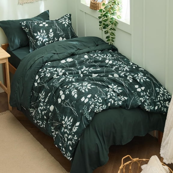 Forest Green Twin XL Floral Comforter Set 5 Pieces Reversible Botanical Flowers Comforter Sheets Pillowcase and Sham
