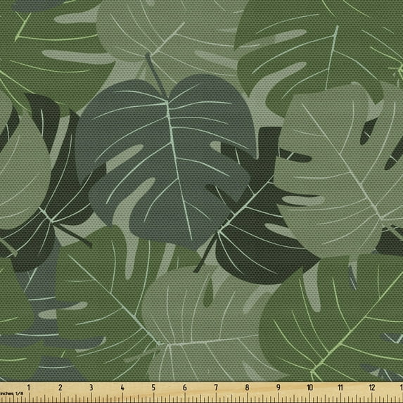 Ambesonne Forest Green Fabric by the Yard Upholstery, Camo Palm Leaves, 2 Yards, Sage Green Pale Green