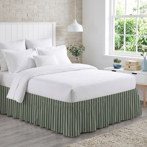 Forest Green White Stripes Bed Skirt Queen Size 18 Inch Drop, Modern Green Verticals Lines Adjustable Elastic Dust Ruffles Bedskirt for Queen Bed Wrap Around Pleated Mattress Frame Cover