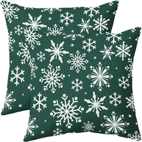 Forest Green White Winter Snowflakes Pillow Covers 16x16 Set of 2 Christmas Decorative Throw Pillows Outdoor Farmhouse Xmas Holiday Seasnoal Pillowcases Cushion Case Decor for Home Sofa Couch Bed