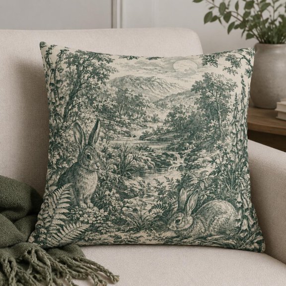 Forest Green Woodland Rabbits and Mountain Stream Square Pillow Case, 100% Polyester Velvet, Rustic Nature Accent