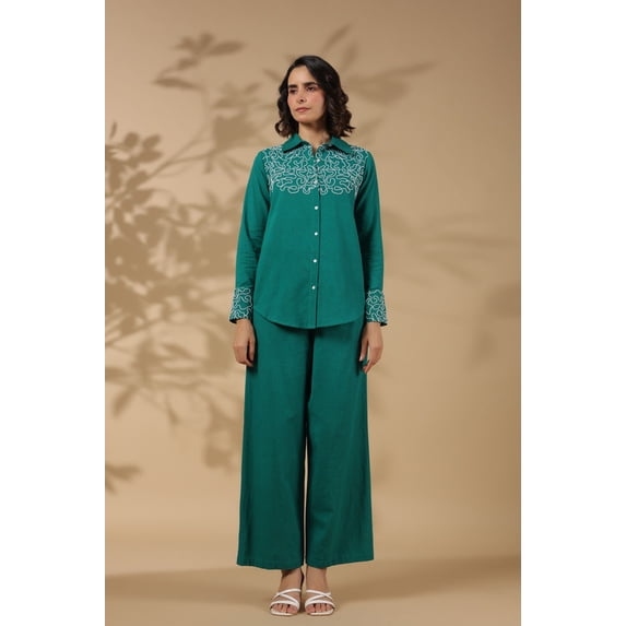 Forest Green Work Detailed Front Cotton Flex Co-Ord Set