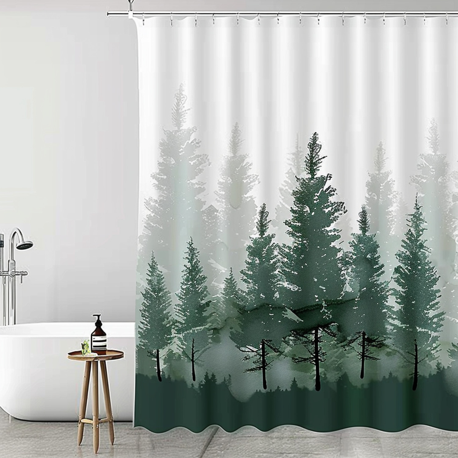 Forest Green and White Pine Tree Shower Curtain NatureInspired