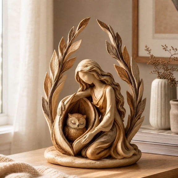 Forest Guardian Owl Statue Nature Inspired Woman with Sleeping Owl Figurine for Desktop Shelf Decor