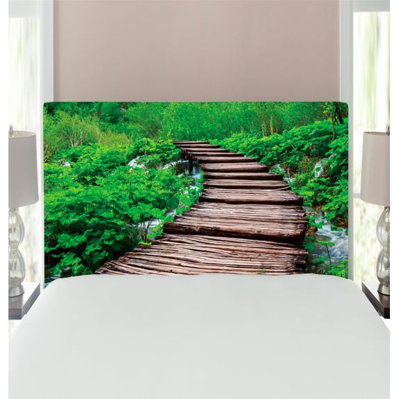 Forest Headboard, Pathway in Pond over the Lake Natural Organic Life Rainforest's into the Wild Photo, Upholstered Decorative Metal Bed Headboard with Memory Foam, Twin Size, Brown Green, by Ambesonne