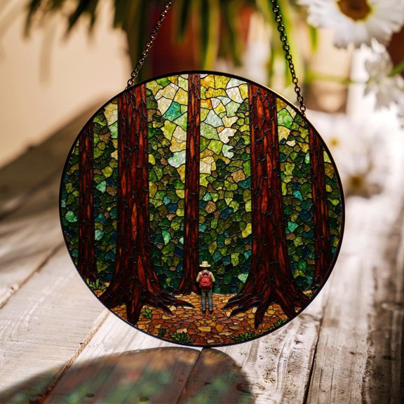 Forest Hiker Scene Glass Suncatcher, Window Decor Nature Lover Friend, 6.3 in