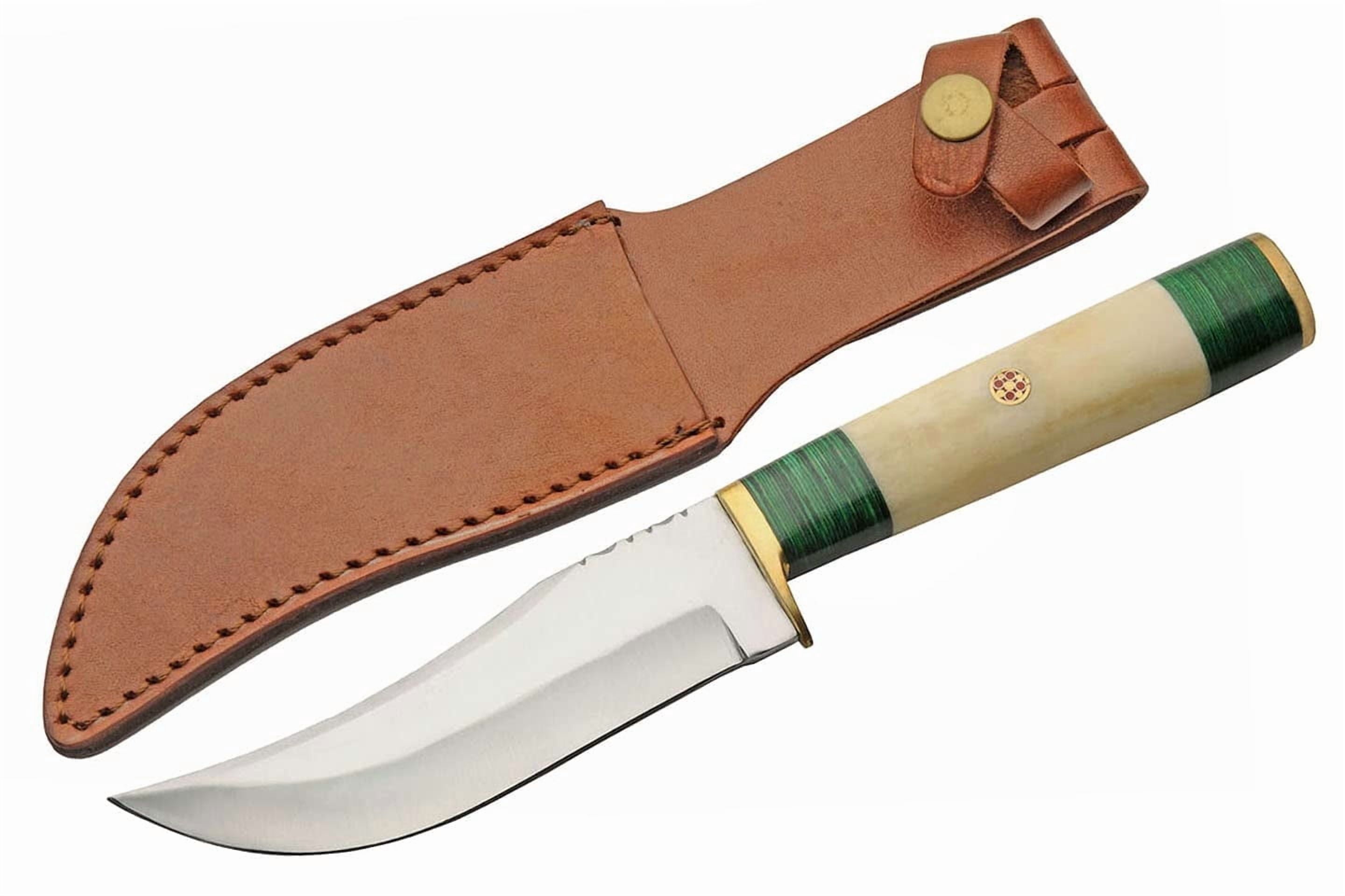 SZCO 10.25 Inch Green Mosaic Fixed Blade Hunter Knife Stainless Steel Blade Camel Bone Handle With Leather Sheath