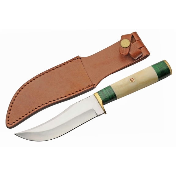 SZCO 10.25 Inch Green Mosaic Fixed Blade Hunter Knife Stainless Steel Blade Camel Bone Handle With Leather Sheath