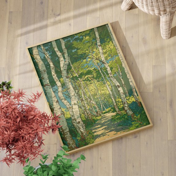 Forest Hokkaido Birch Tree Pathway Or Japan Birch Tree Landscape Lithograph Nature Poster , Poster Print Only