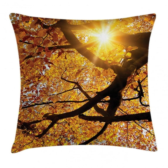 Forest Home Decor Throw Pillow Cushion Cover, Sun through Leaf Golden Color Vivid October Foliage Harvest Serene Paradise, Decorative Square Accent Pillow Case, 18 X 18 Inches, Orange, by Ambesonne