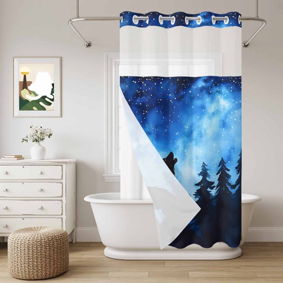 Forest No Hook Shower Curtain with Snap in Liner, Wolf Stars Silhouette Night Blue Sky Waterproof Shower Curtains with See Through Top Window Liner for Bathroom, 36x78 Inches