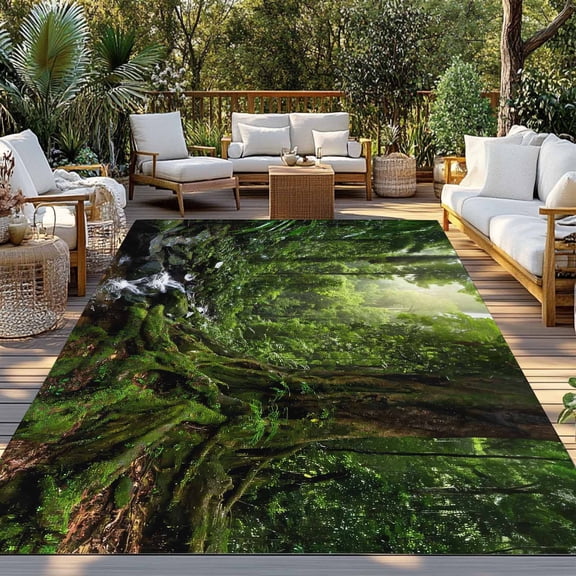 Forest Indoor Outdoor Rugs 3x5 Ft, Landscapes Tree Streams Outdoor Patio Rugs Mat Washable Outside Area Rugs Carpet for Porch Deck RV Camping Pool Balcony Backyard