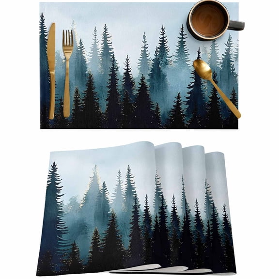 Forest Jungle Black Shadow Placemats Set of 4,Wipeable Washable Table Mats for Dining Tables,Natural Landscape Blue Gradient Place Mats for Kitchen Event Party Tabletop Decor