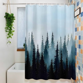 Forest Jungle Black Shadow Shower Curtain for Bathroom, Natural Landscape Blue Gradient Waterproof Shower Curtains Washable Quick Dry with Hooks Bathtub Curtains 36x72IN