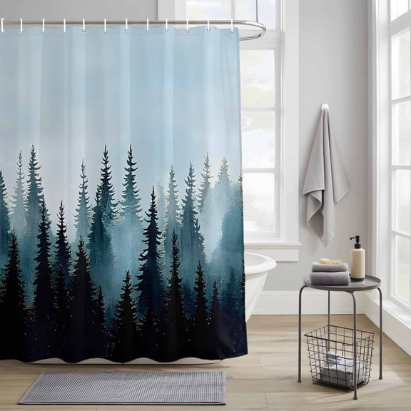 Forest Jungle Black Shadow Shower Curtain Set, Waterproof Shower Curtains With Grommet Hooks, Natural Landscape Blue Gradient Privacy Bathroom Curtain for Bathtub 36x72IN