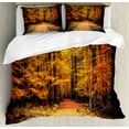 thumbnail image 1 of Forest King Size Duvet Cover Set, Magical Fall Photo in National Park with Vivid Leaf Plant Eco Earth Mystical Theme, Decorative 3 Piece Bedding Set with 2 Pillow Shams, Orange Brown, by Ambesonne, 1 of 3