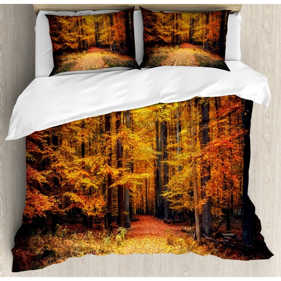 Forest King Size Duvet Cover Set, Magical Fall Photo in National Park with Vivid Leaf Plant Eco Earth Mystical Theme, Decorative 3 Piece Bedding Set with 2 Pillow Shams, Orange Brown, by Ambesonne