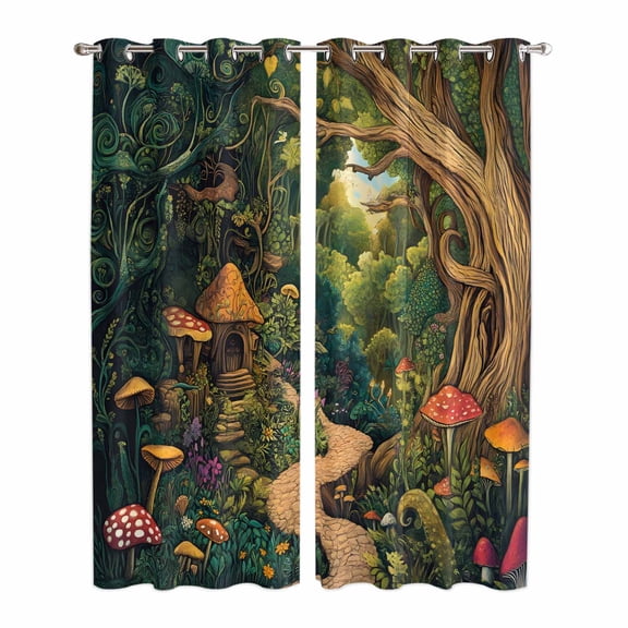 Forest Kitchen Curtains 84 Inch Length, Vintage Cottage Mushroom Tree Floral Green Grommet Top Bedroom Living Room Curtains, Light Filtering Cafe Curtain Drapes 2 Panels Set 84''x84''