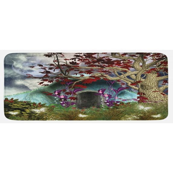 Forest Kitchen Mat, Dark Gothic Themed Scene with Magic Tree and Secret Cave Moon Illustration, Plush Decorative Kitchen Mat with Non Slip Backing, 47" X 19", Multicolor, by Ambesonne