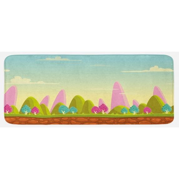 Forest Kitchen Mat, Fantasy Cartoon Landscape Colorful Trees Country Panorama Trees Hills Abstraction, Plush Decorative Kitchen Mat with Non Slip Backing, 47" X 19", Multicolor, by Ambesonne
