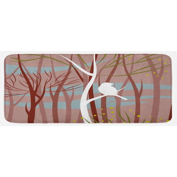Forest Kitchen Mat, Modern Illustration of Bird on Leafless Branch Winter Trees Wildlife Print, Plush Decorative Kitchen Mat with Non Slip Backing, 47" X 19", Multicolor, by Ambesonne
