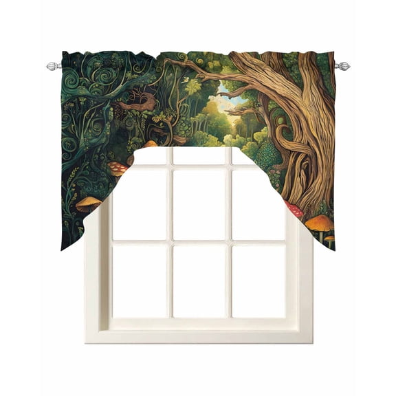 Forest Kitchen Swag Valances for Windows, Vintage Cottage Mushroom Tree Floral Green Swag Valances Curtains for Living Room, Rod Pocket Window Treatments for Bathroom, Bedroom, Cafe, 56"x36"