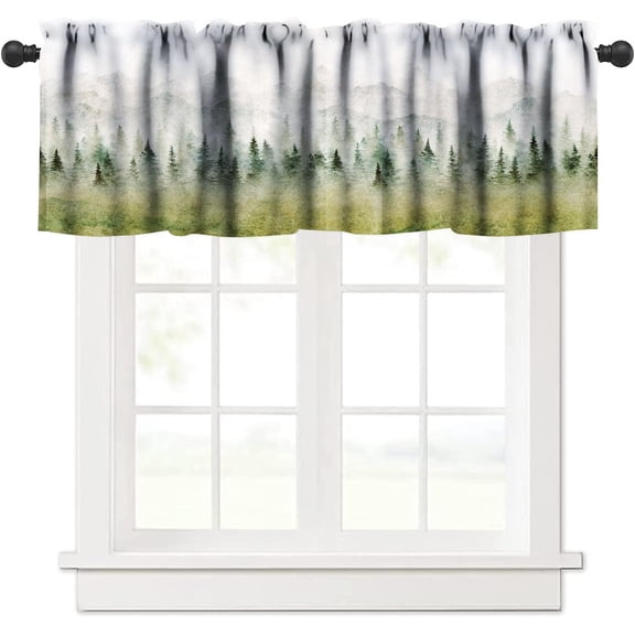 Forest Kitchen Valance Set,Watercolor Landscape Forest Mountains Fog Tree Home Decor Rod Pocket Window Valance for Kitchen Dining Room 54x18 Inch