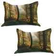 thumbnail image 1 of Forest Knitted Quilt Pillowcover Set of 2, Sunset View of Dark Pine Woodland in Autumn Foggy Scene Sunbeams Trunks Shadow, Standard Queen Pillow Sham Bedroom, 30" x 20", Orange Green, by Ambesonne, 1 of 1