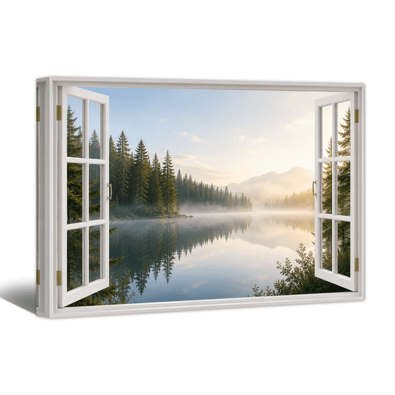 Forest Lake Canvas Wall Art - Open Window Misty Reflected Waters Prints, Horizontal Natural Landscape Artwork Paintings for Living Room Bedroom Home Wall Decor