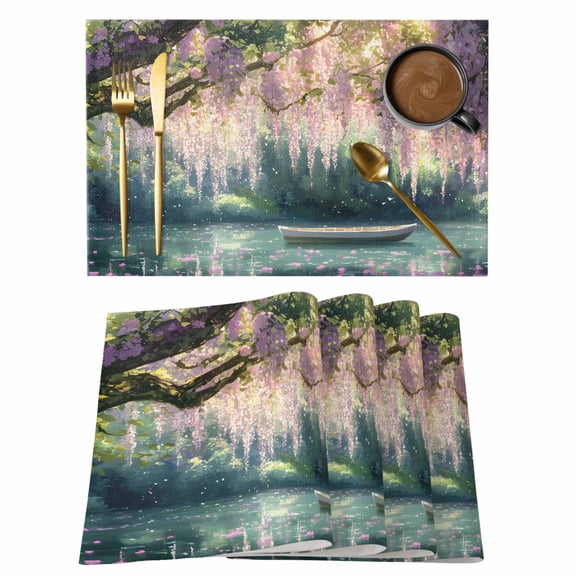 Forest Lake Placemats Set of 1, Boat Flowers Non-Slip Place Mats Washable Table Mats for Kitchen Dining Table Decorations Indoor/Outdoor