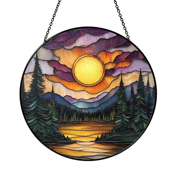 Forest Lake Reflection Window Hanging – Stained Glass Style Art
