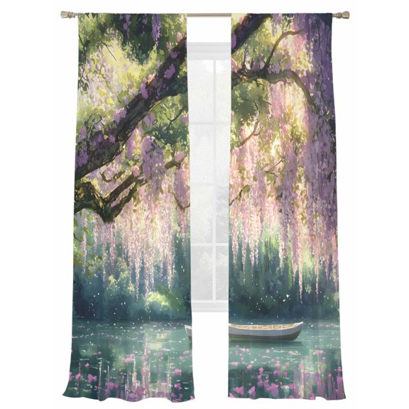Forest Lake Sheer Curtains 2 Panels Set Boat Flowers Sheer Window Curtains Light Filtering Rod Pocket Voile Drapes for Bedroom Living Room 52"X108"