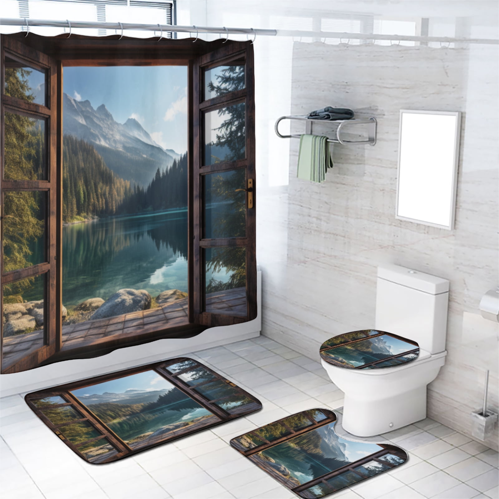 Forest Lake Shower Curtain Set Mountain Lake Trees Natural Landscape Scenery Rural Farmhouse Wooden Window with Toilet Lid Cover and Bath Mat, Waterproof Shower Curtain with 12 Hooks, 72x72 Inch