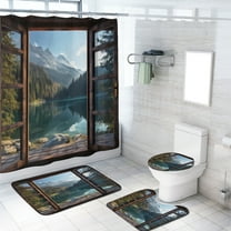 Forest Lake Shower Curtain Set Mountain Lake Trees Natural Landscape Scenery Rural Farmhouse Wooden Window with Toilet Lid Cover and Bath Mat, Waterproof Shower Curtain with 12 Hooks, 72x72 Inch